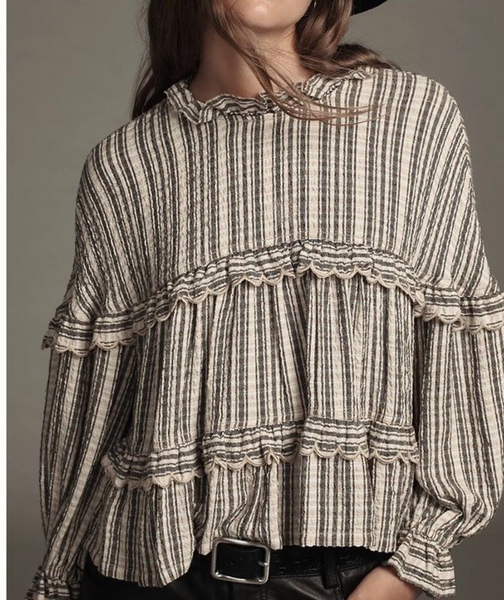Anthropologie Pilcro Long-Sleeve Tiered Babydoll Blouse Woman's Lg Striped Boho
